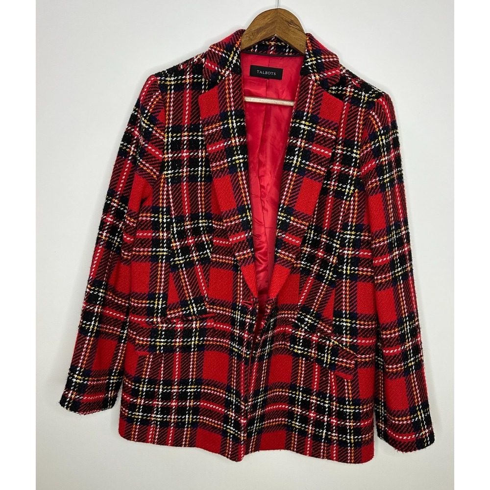 Talbots Snowstorm Plaid Blazer Red Tweed Wool Blend Flap Pockets Tartan Preppy - Picture 3 of 12